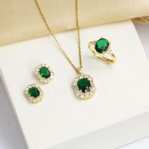 Geometric Emerald Inlaid Necklace Ear Stud Ring Suit