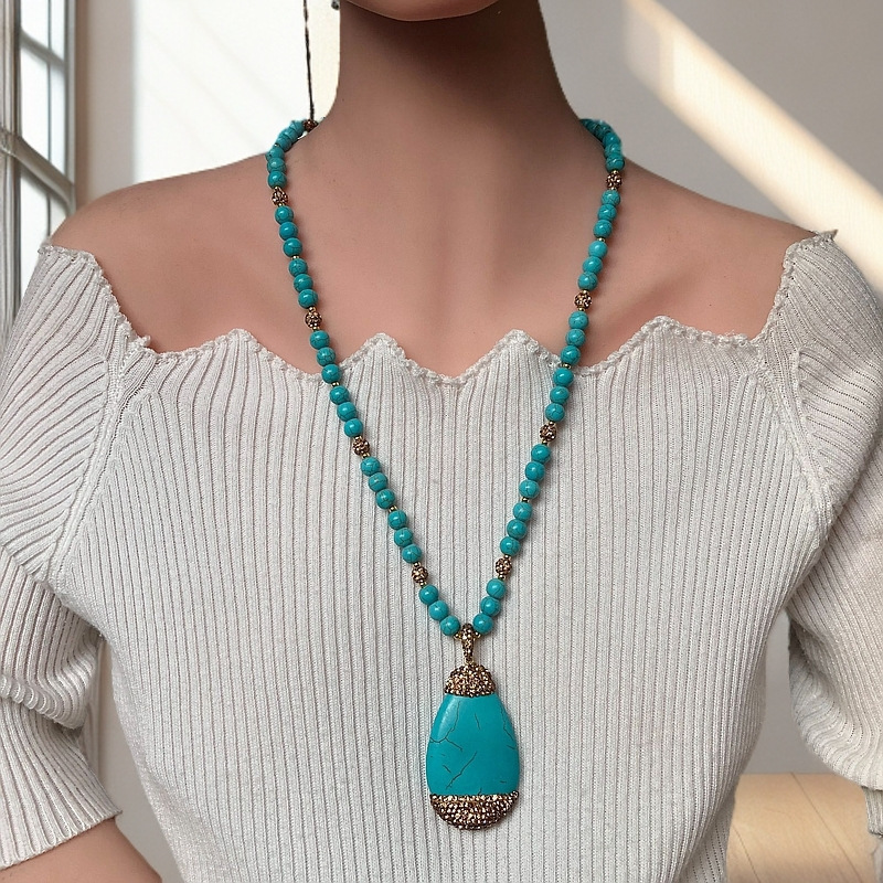 Drop-shaped Turquoise Pendant Necklace Fashionable Personalized All-match Design Sweater Chain - Image 2